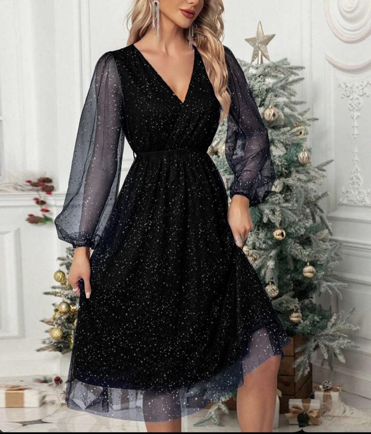 Women's Sparkle Midi Dress with Puff Sleeves and Layered Hem, Black, view 2
