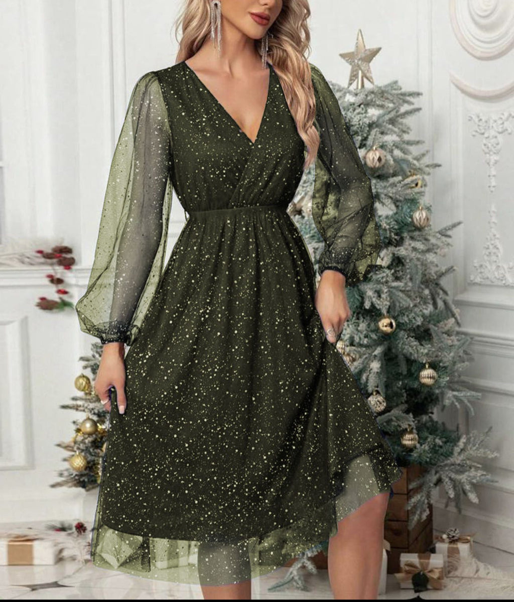 Women's Sparkle Midi Dress with Puff Sleeves and Layered Hem, Olive green, view 3