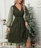 Women's Sparkle Midi Dress with Puff Sleeves and Layered Hem, Olive green, view 3