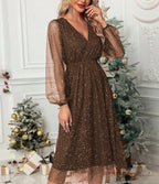 Women's Sparkle Midi Dress with Puff Sleeves and Layered Hem, Brown, view 4