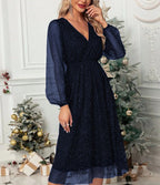 Women's Sparkle Midi Dress with Puff Sleeves and Layered Hem, Navy blue, view 5