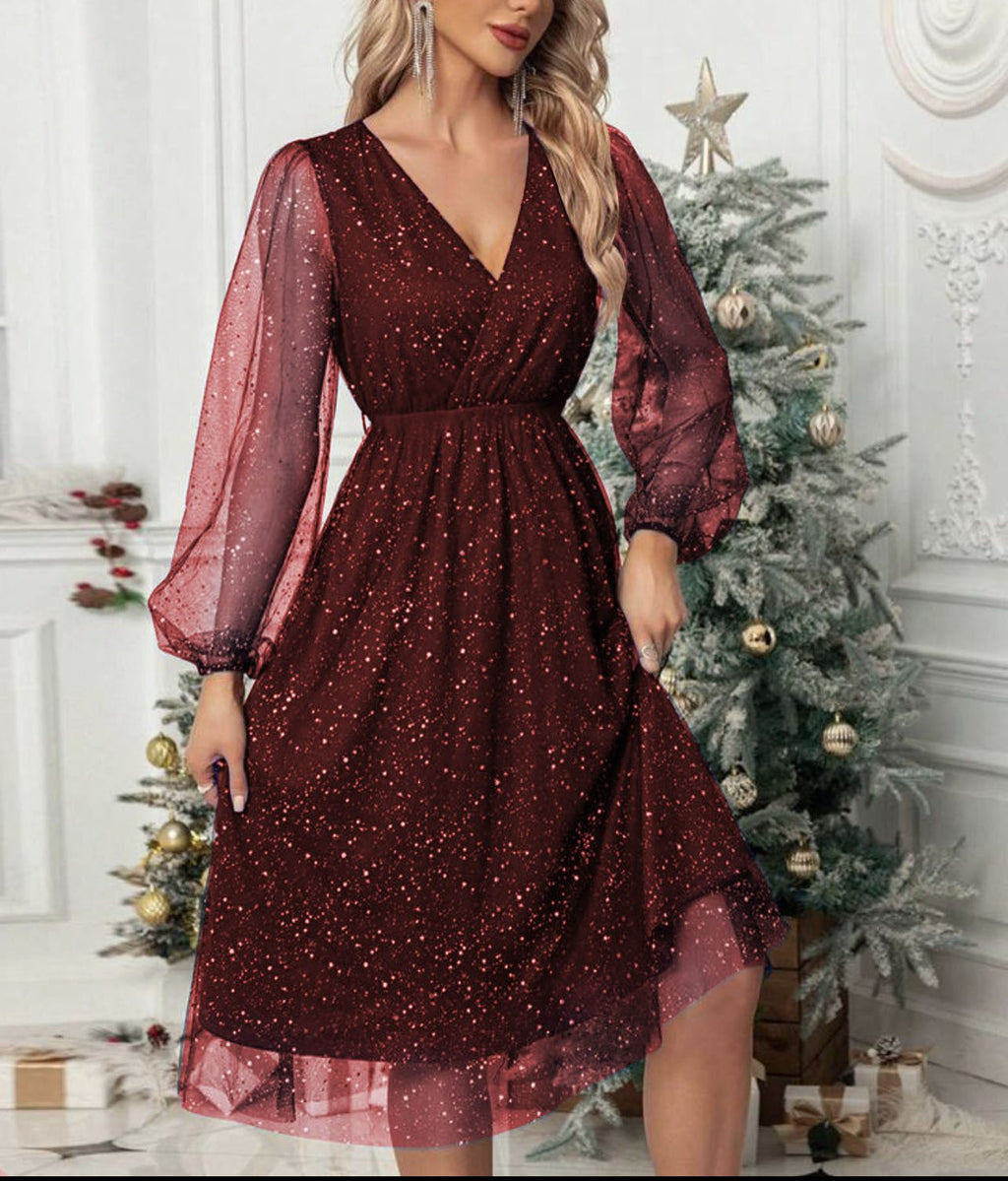 Women's Sparkle Midi Dress with Puff Sleeves and Layered Hem, Red, view 6