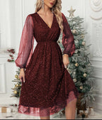 Women's Sparkle Midi Dress with Puff Sleeves and Layered Hem, Red, view 6