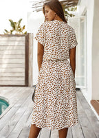 Women's Spotted Linen-Style Midi Dress with Drawstring Waist, view 2