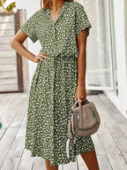 Women's Spotted Linen-Style Midi Dress with Drawstring Waist, Green, view 3