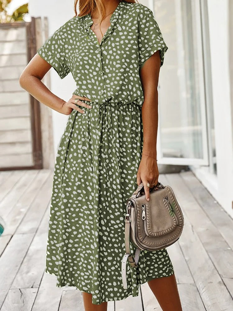 Women's Spotted Linen-Style Midi Dress with Drawstring Waist, Green, view 3