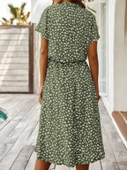 Women's Spotted Linen-Style Midi Dress with Drawstring Waist, view 4