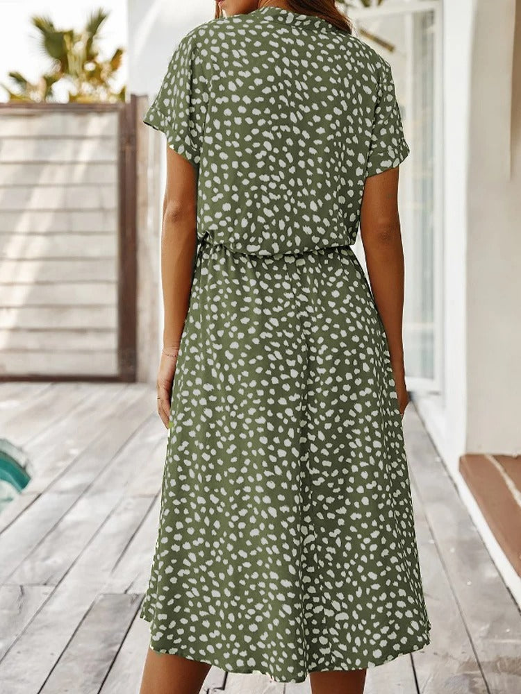 Women's Spotted Linen-Style Midi Dress with Drawstring Waist, view 4