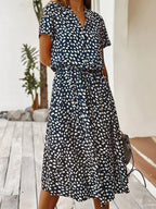 Women's Spotted Linen-Style Midi Dress with Drawstring Waist, Navy Blue, view 5