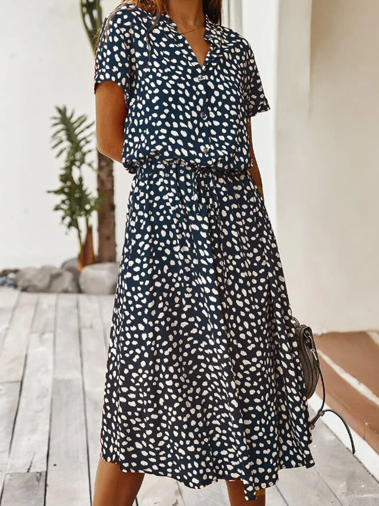 Women's Spotted Linen-Style Midi Dress with Drawstring Waist, Navy Blue, view 5