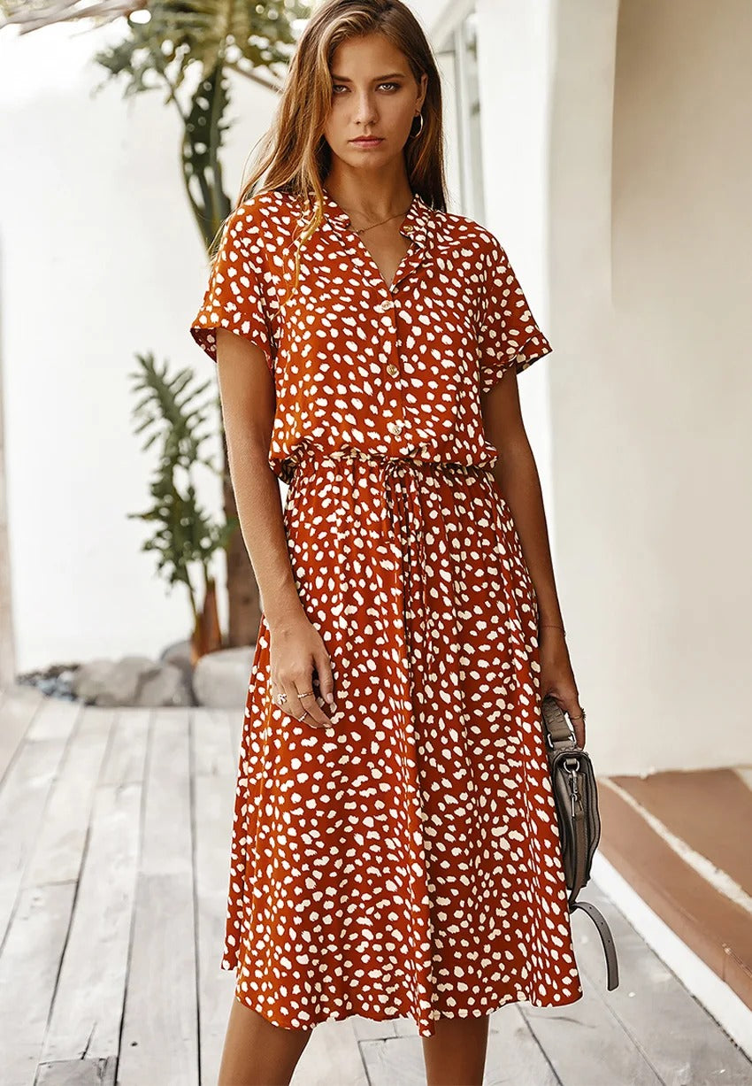 Women's Spotted Linen-Style Midi Dress with Drawstring Waist, Orange, view 6