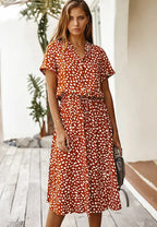 Women's Spotted Linen-Style Midi Dress with Drawstring Waist, Orange, view 6