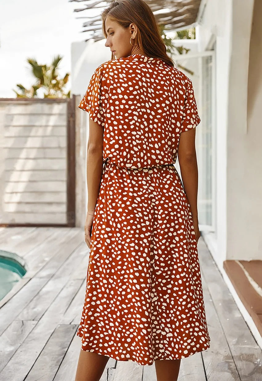 Women's Spotted Linen-Style Midi Dress with Drawstring Waist, view 7