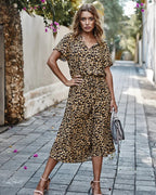 Women's Spotted Linen-Style Midi Dress with Drawstring Waist, Leopard print, view 8