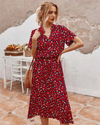 Women's Spotted Linen-Style Midi Dress with Drawstring Waist, Red, view 9