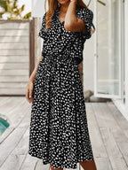 Women's Spotted Linen-Style Midi Dress with Drawstring Waist, Black, view 10