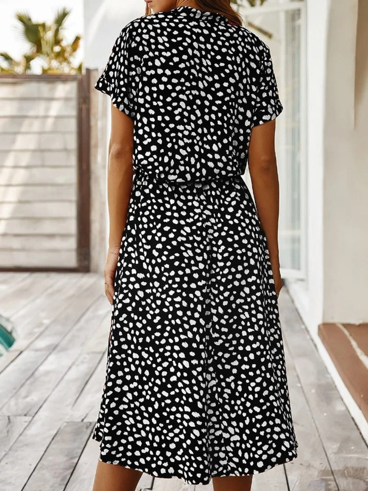 Women's Spotted Linen-Style Midi Dress with Drawstring Waist, view 11