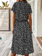 Women's Spotted Linen-Style Midi Dress with Drawstring Waist, view 11