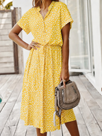 Women's Spotted Linen-Style Midi Dress with Drawstring Waist, Yellow, view 13