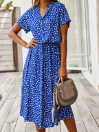 Women's Spotted Linen-Style Midi Dress with Drawstring Waist, Blue, view 14