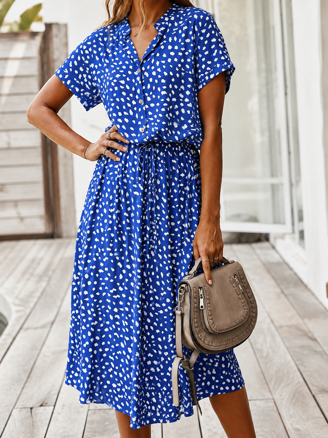 Women's Spotted Linen-Style Midi Dress with Drawstring Waist, Blue, view 14
