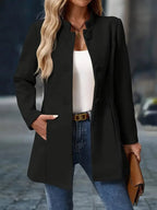 Women's Stand-Collar Coat with Covered Buttons, Black, view 5