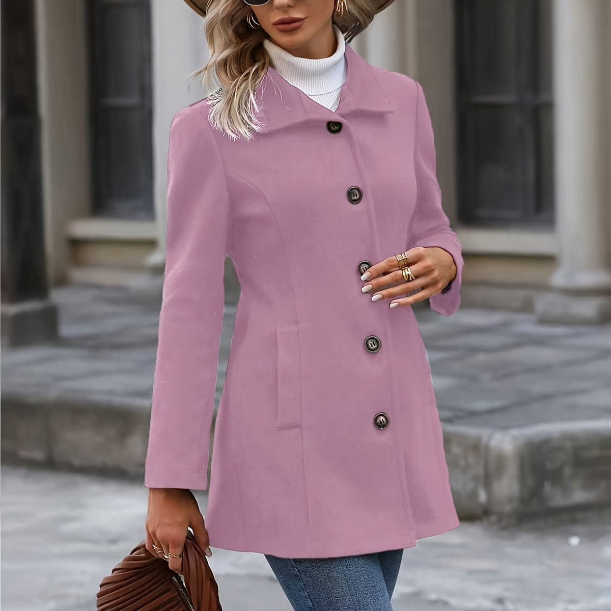 Women's Stand-Collar Coat with Flared Hem, Pink, view 4