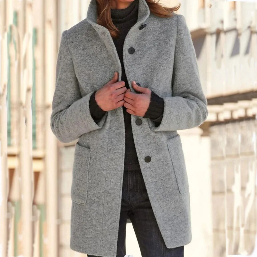 Women's Stand-Collar Wool-Blend Coat with Patch Pockets, Grey, view 1