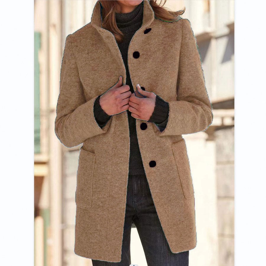 Women's Stand-Collar Wool-Blend Coat with Patch Pockets, Brown, view 7