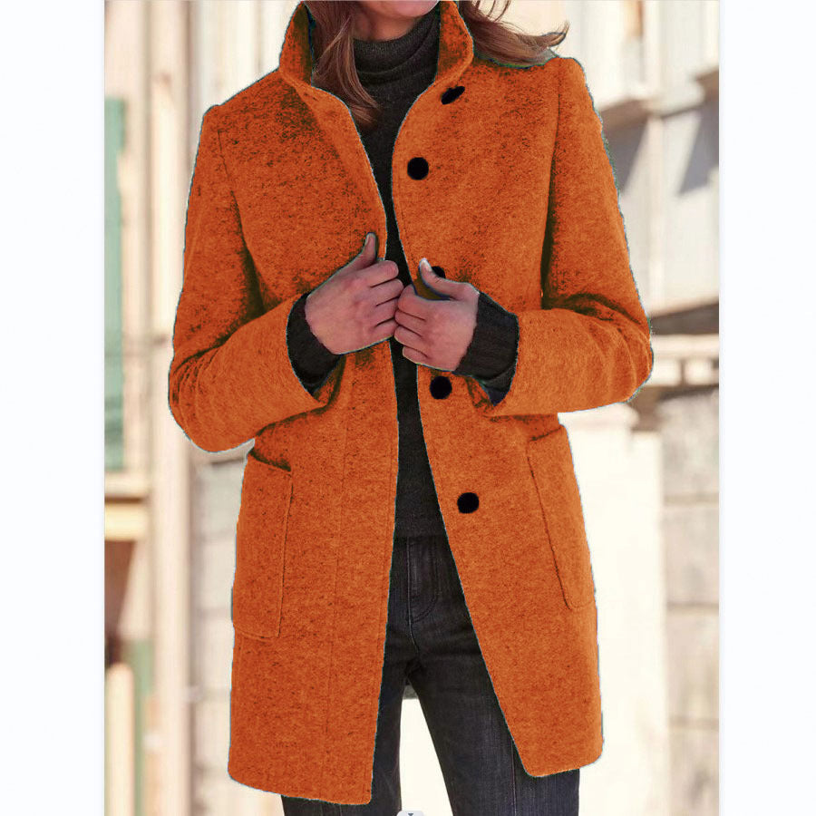 Women's Stand-Collar Wool-Blend Coat with Patch Pockets, Orange, view 9