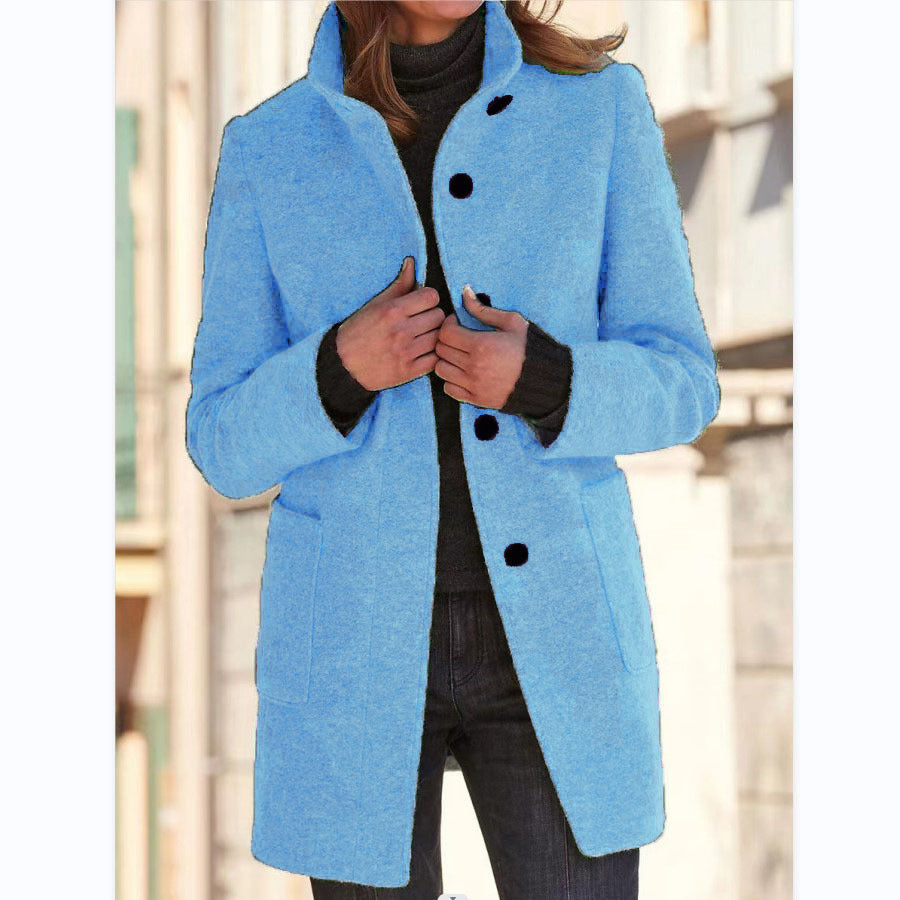 Women's Stand-Collar Wool-Blend Coat with Patch Pockets, Sky Blue, view 12