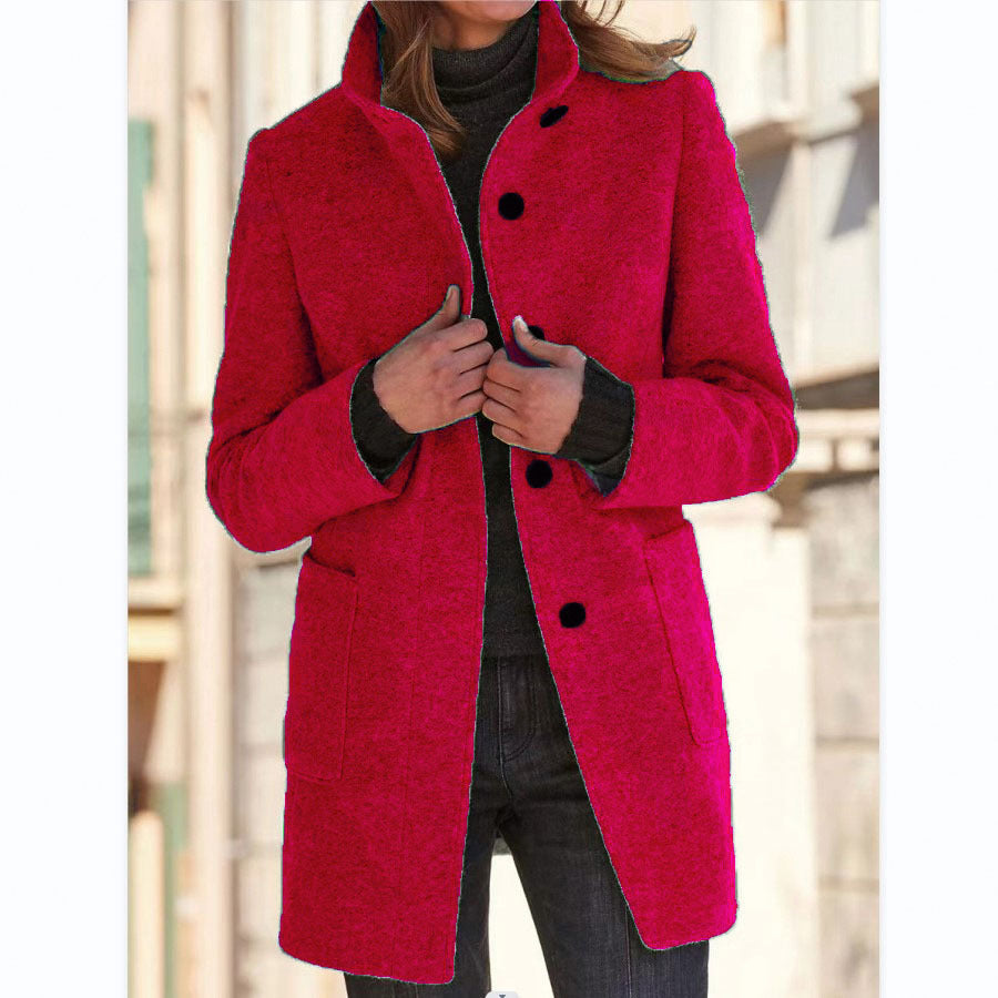 Women's Stand-Collar Wool-Blend Coat with Patch Pockets, Red, view 13