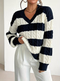 Women's Striped Cable Knit V-Neck Jumper, Navy Blue, view 1