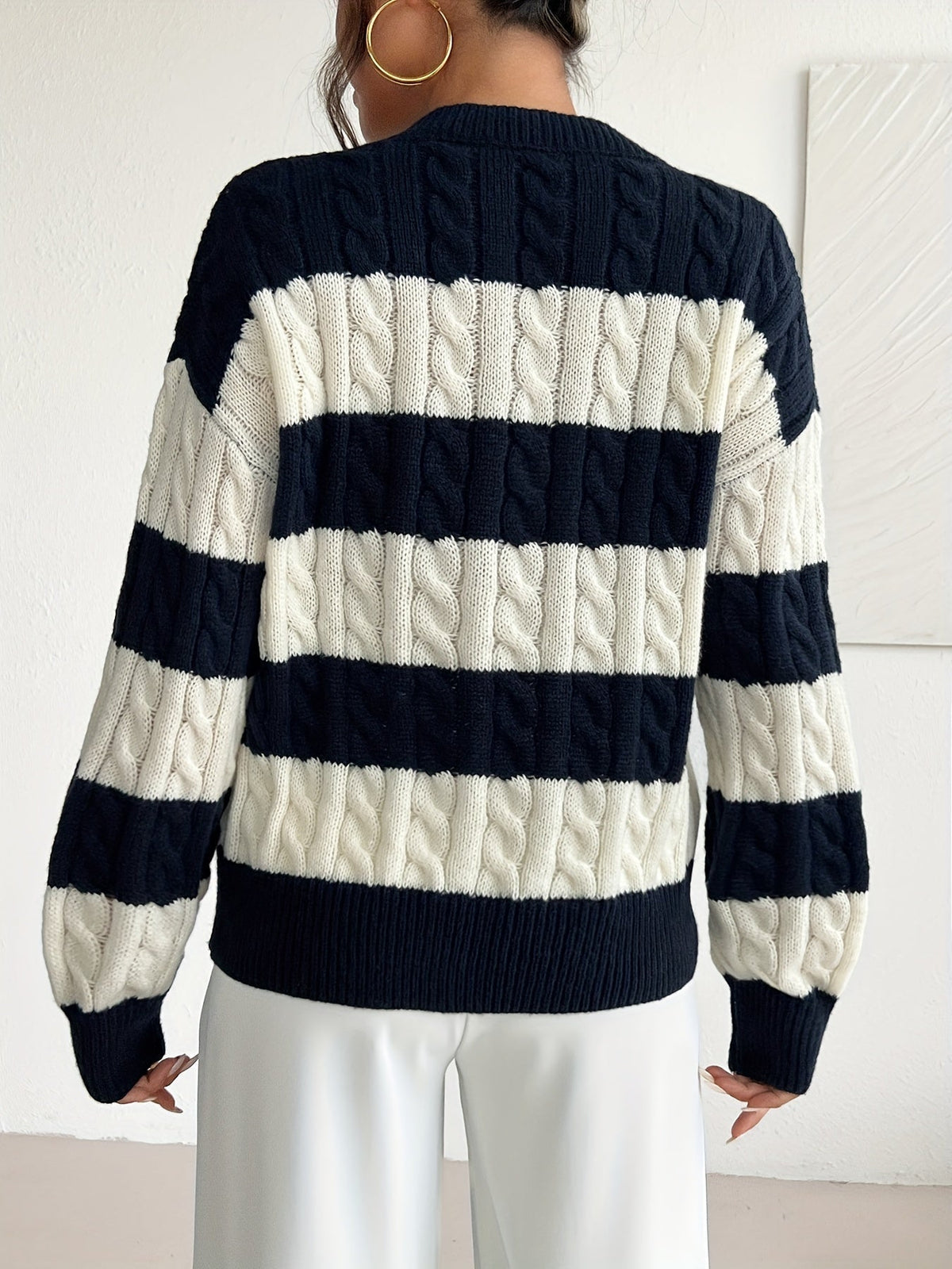 Women's Striped Cable Knit V-Neck Jumper, view 2