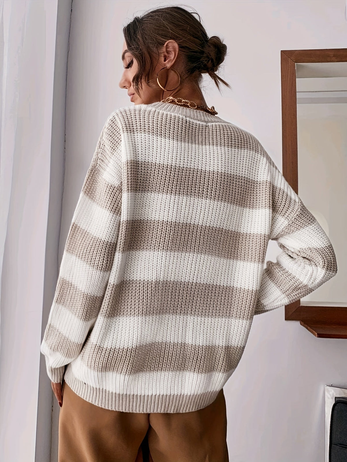 Women's Striped Chunky Knit Jumper with Dropped Shoulders, view 2