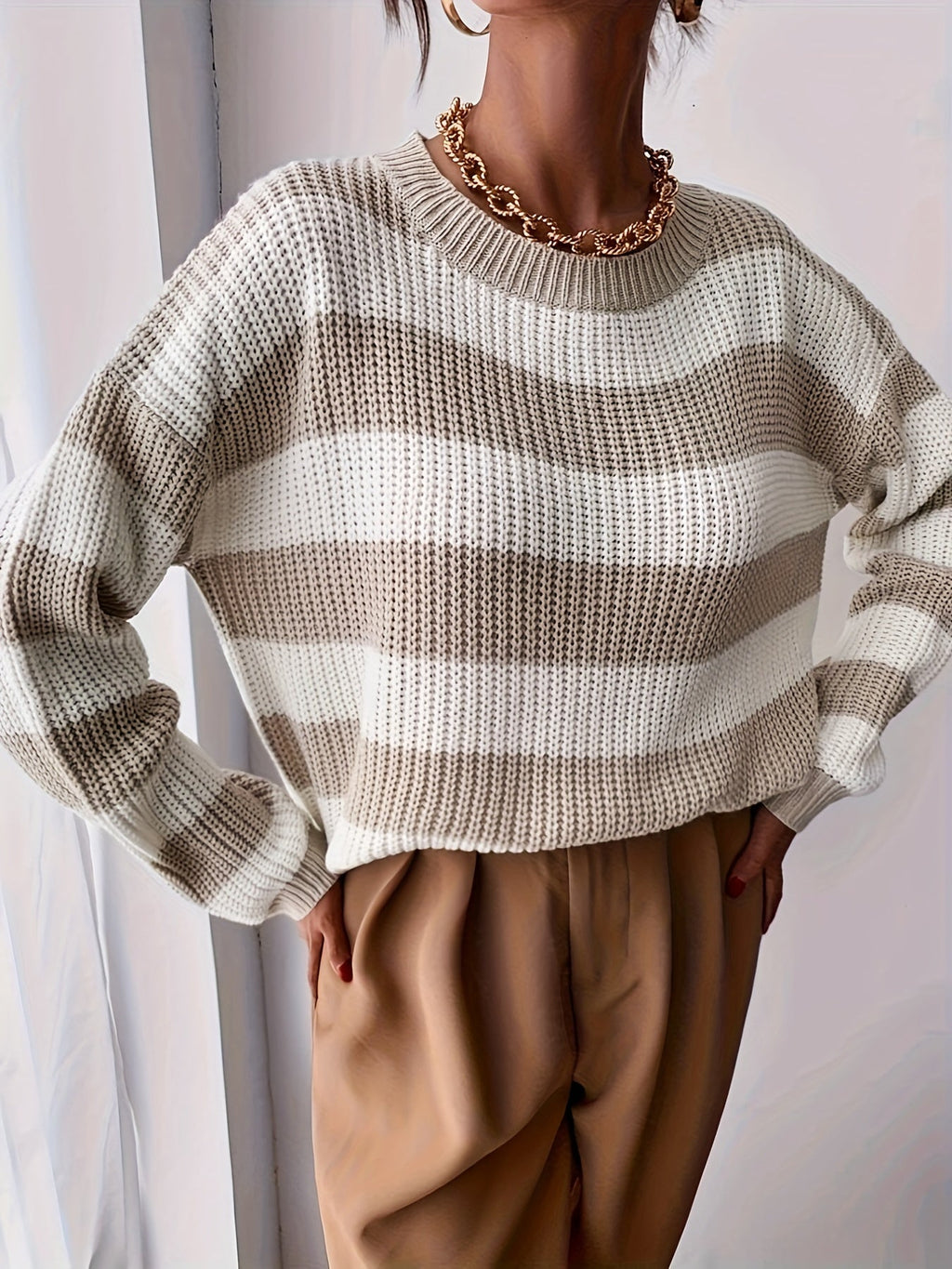 Women's Striped Chunky Knit Jumper with Dropped Shoulders, view 4