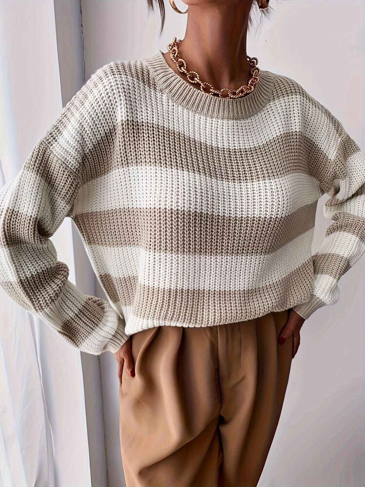 Women's Striped Chunky Knit Jumper with Dropped Shoulders, view 4