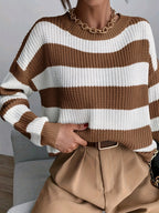 Women's Striped Chunky Knit Jumper with Dropped Shoulders, Coffee, view 5