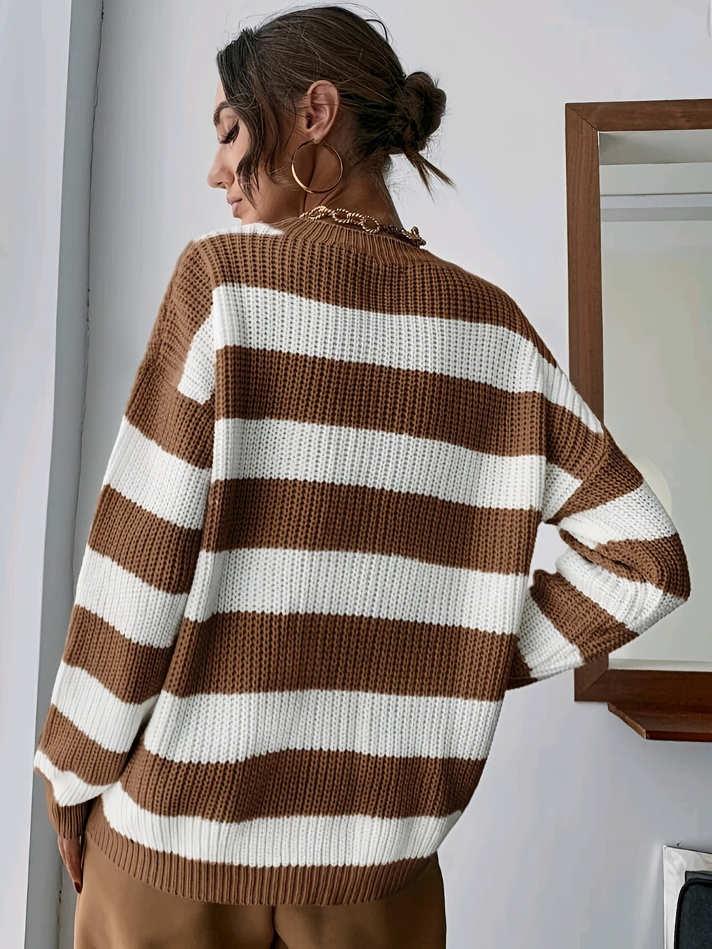 Women's Striped Chunky Knit Jumper with Dropped Shoulders, view 6