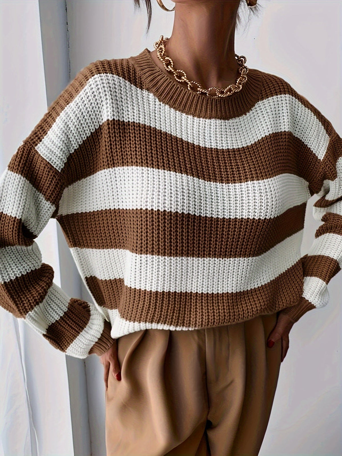 Women's Striped Chunky Knit Jumper with Dropped Shoulders, view 8