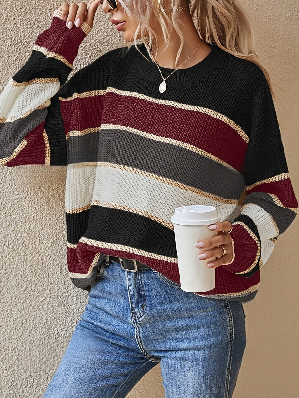 Women's Striped Colour Block Jumper with Ribbed Crew Neck, Brown, view 1