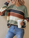 Women's Striped Colour Block Jumper with Ribbed Crew Neck, Burgundy, view 3