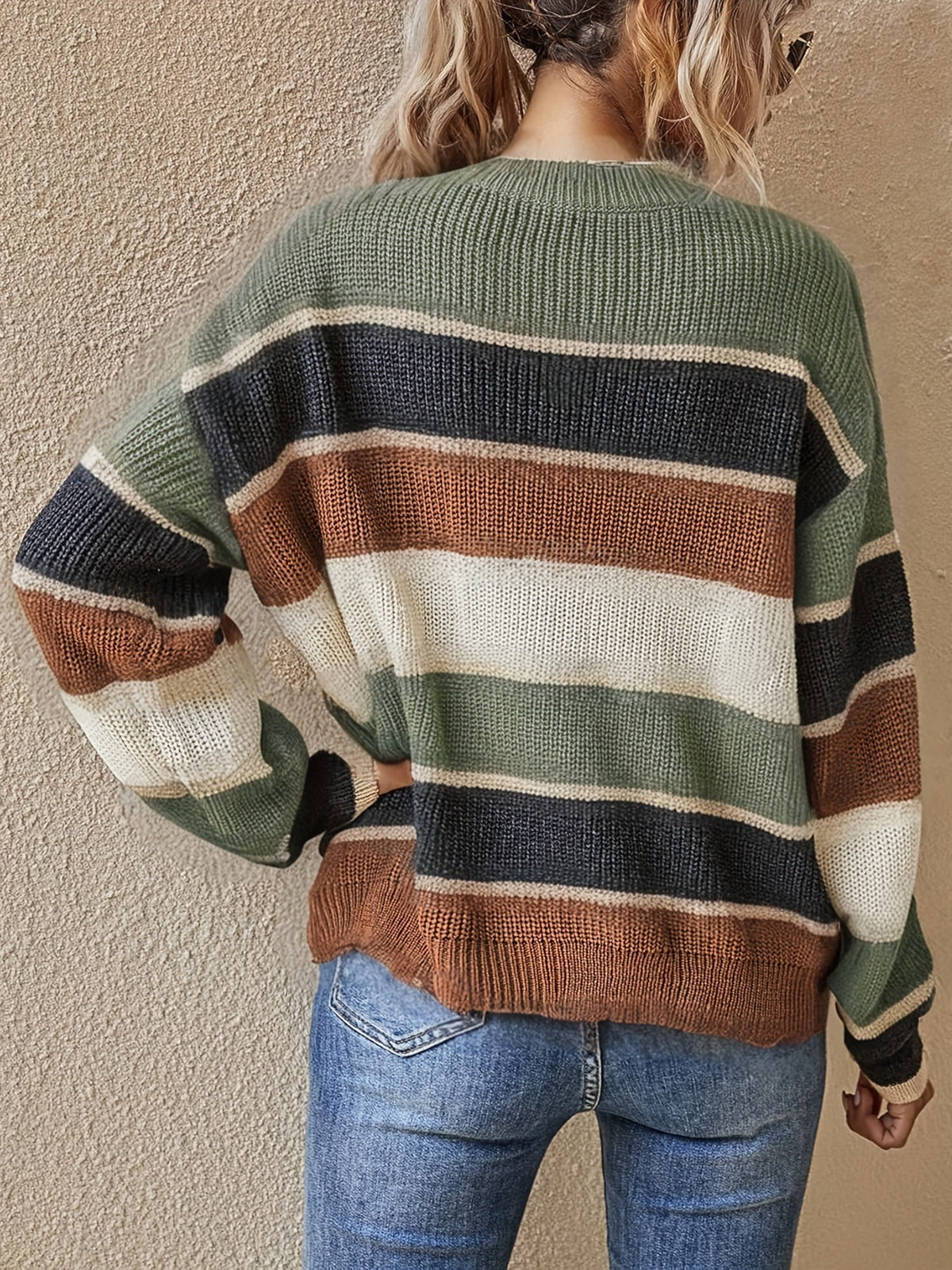 Women's Striped Colour Block Jumper with Ribbed Crew Neck, view 4