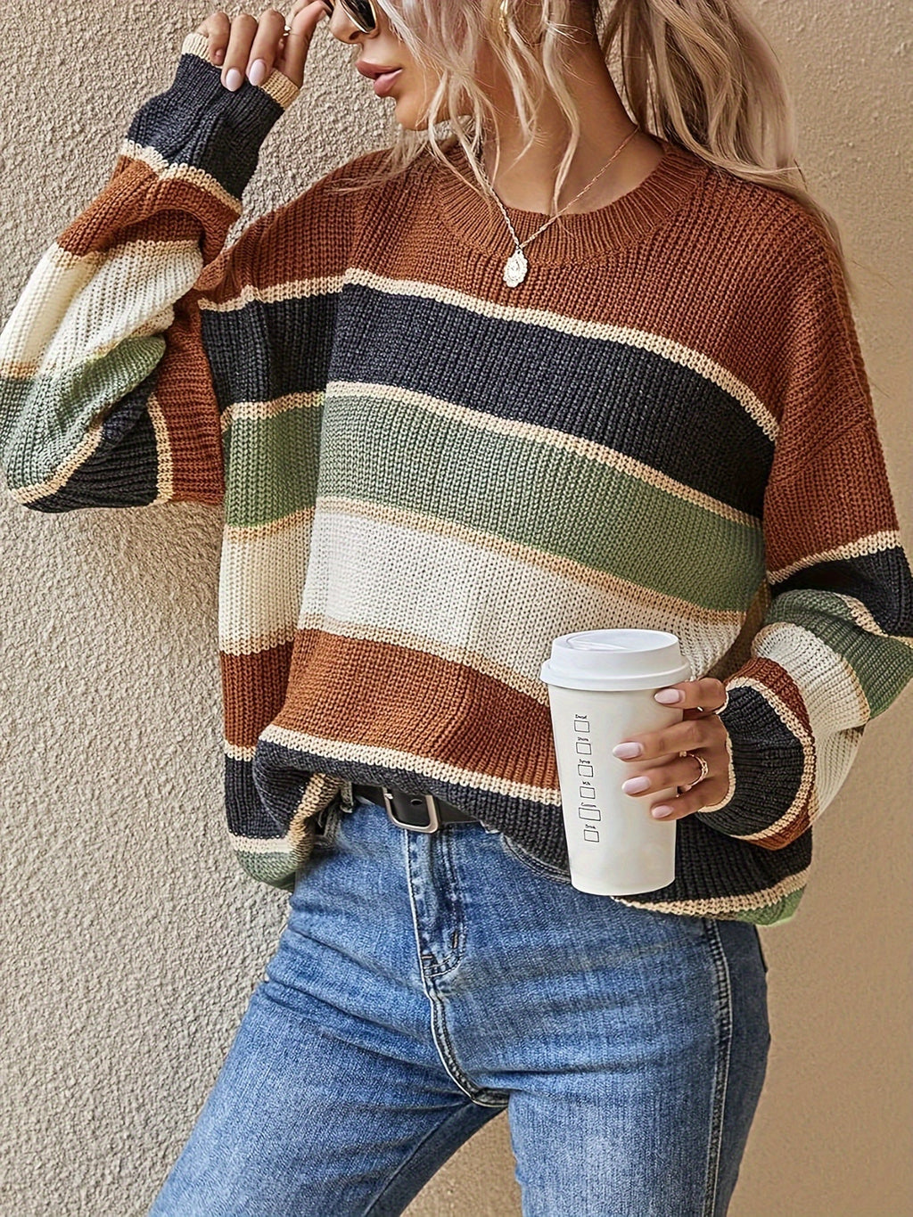 Women's Striped Colour Block Jumper with Ribbed Crew Neck, Apricot, view 6