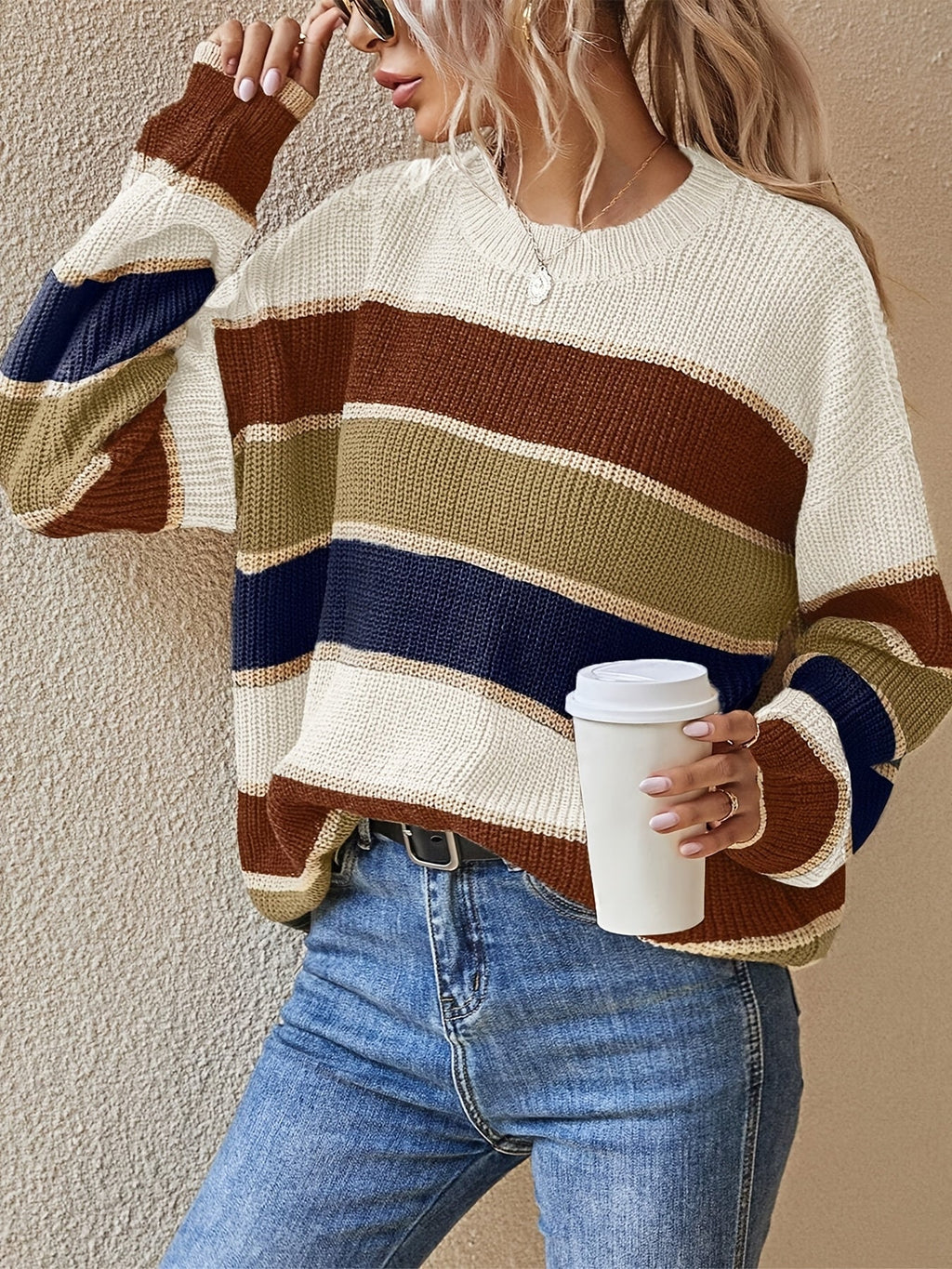 Women's Striped Colour Block Jumper with Ribbed Crew Neck, Olive, view 9