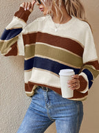 Women's Striped Colour Block Jumper with Ribbed Crew Neck, Olive, view 9