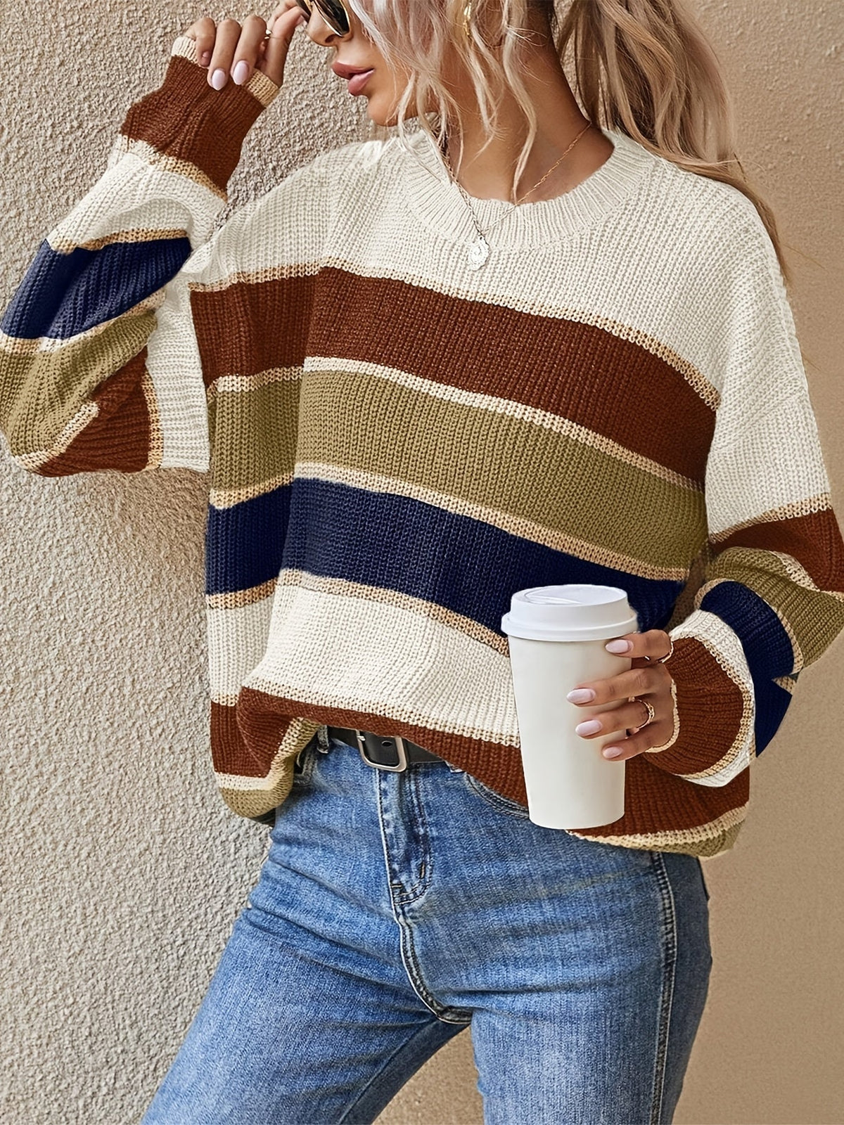 Women's Striped Colour Block Jumper with Ribbed Crew Neck, Olive, view 9