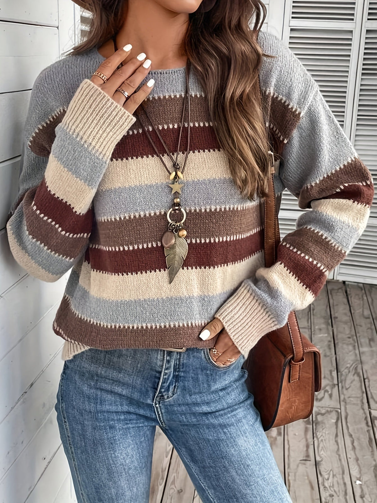 Women's Striped Colour Block Knit Jumper, Blue, view 3