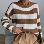 Women's Striped Crew-Neck Jumper with Ribbed Cuffs, Brown, view 1