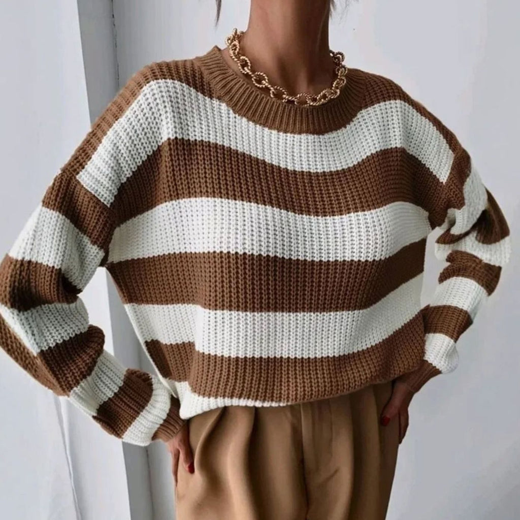 Women's Striped Crew-Neck Jumper with Ribbed Cuffs, view 3